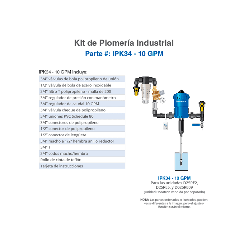 Kit de Plomería Industrial Dosatron Número de Parte: IPK34-10 GPM